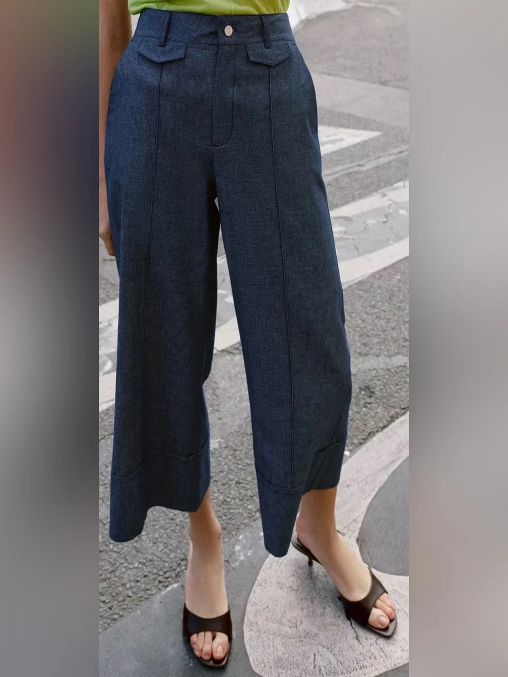 ZARA Linen Blend Wide Leg Denim Culotte Pants Indigo Blue XS NWT